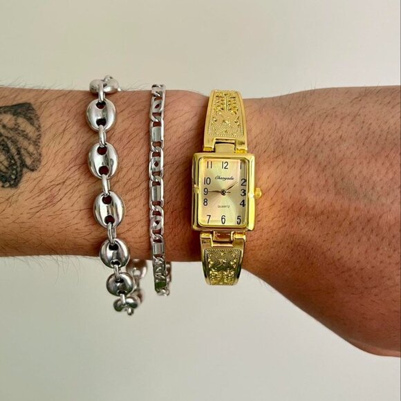 2000s vintage cute gold rectangle stainless steel quartz luxury watch - Picture 2 of 8